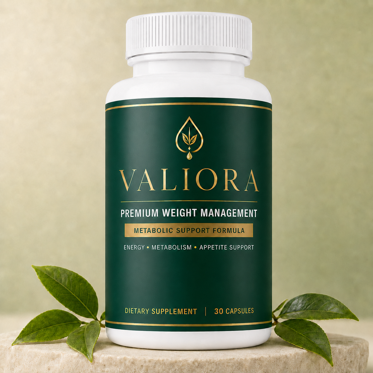 Valiora premium weight management supplement bottle displayed with green leaves